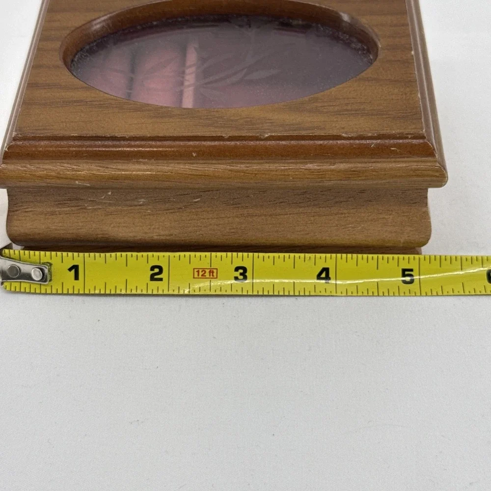 Vintage Small Wooden Jewelry Box Etched Flower Design Oval Glass Top Pink Velvet